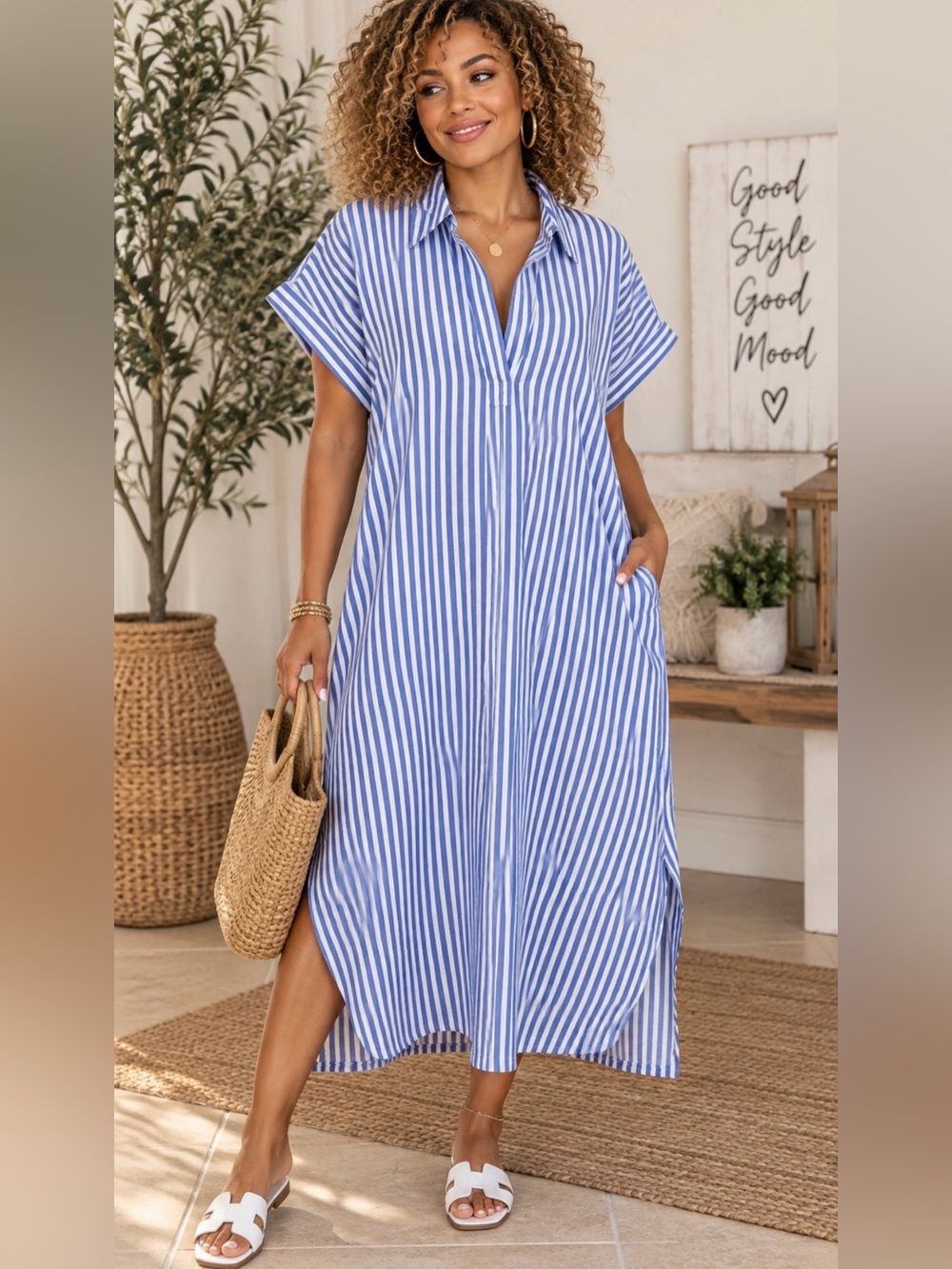 Kate Landry 1X Blue White Striped Cotton Midi Shirt Dress Coastal